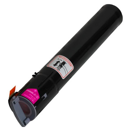 Black toner cartridge with a pink label and orange cap tab.