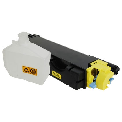 A toner cartridge with a white reservoir and yellow cap.