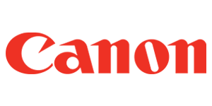Canon logo in red on black background.