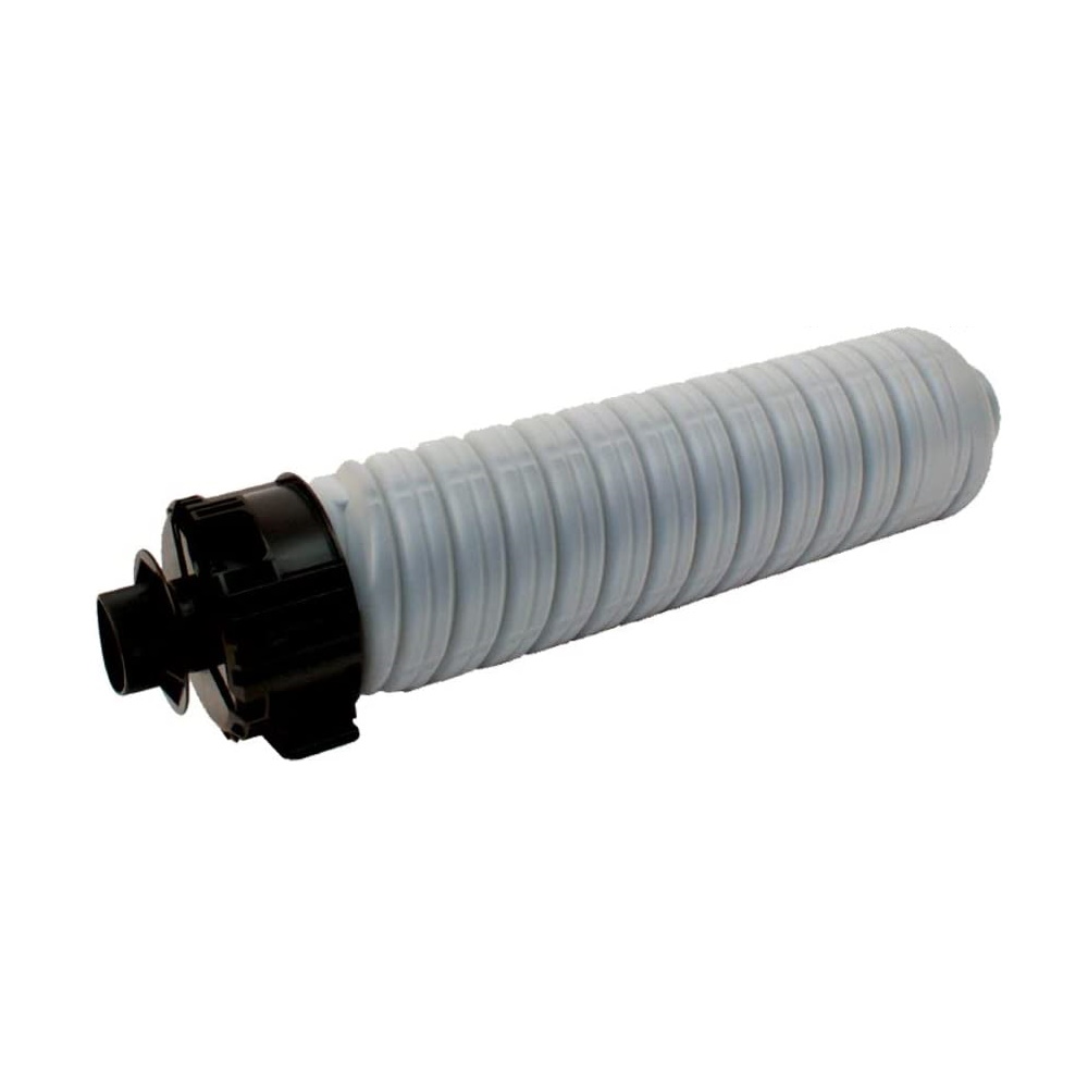 A gray toner cartridge for a printer with black end caps.