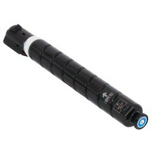 Black toner cartridge for a printer with a blue cap.